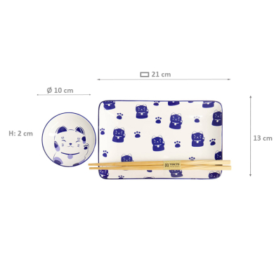 4 Stück mit Essstäbchen Kawaii-Blue Maneko Sushi-Teller-Geschenkset bei Tokyo Design Studio (Bild 6 von 6)