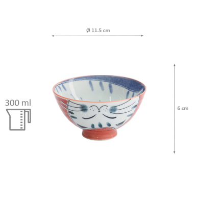 TDS, Rice Bowl, Kawaii Cat, Red, Ø 11.5x6cm 300ml, Item No. 33595