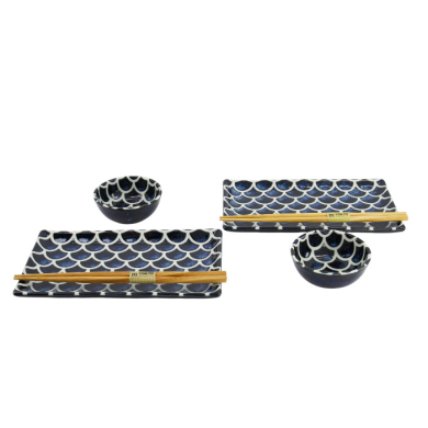 TDS, Sushi Set, Cobalt Blue Mermaid, w/Chopsticks, 6-piece set, 22x13x2cm & 8.5x3.4cm, Item No. 33755