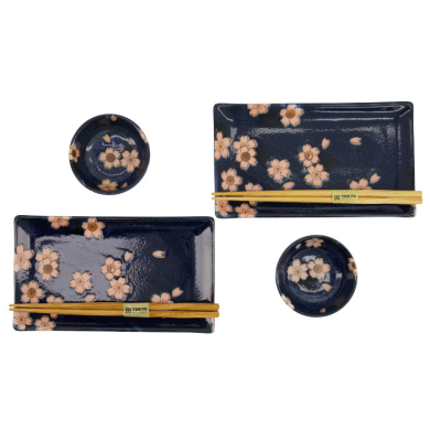 TDS, Sushi Set, Sakura, mit Chopsticks, 6-tlg., Navy, 22x13x2cm & 8,5x3,4cm, Art.-Nr. 33759
