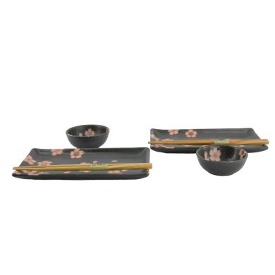 TDS, Sushi Set, Sakura, mit Chopsticks, 6-tlg., Schwarz, 22x13x2cm & 8,5x3,4cm, Art.-Nr. 33760