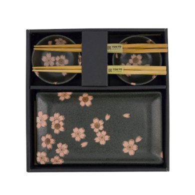 TDS, Sushi Set, Sakura, mit Chopsticks, 6-tlg., Schwarz, 22x13x2cm & 8,5x3,4cm, Art.-Nr. 33760