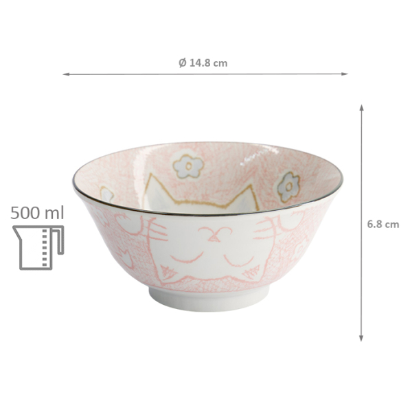 TDS, Tayo Bowl, Kawaii Cat Neko, Pink, Ø 14.8 x 6.8 cm 500ml - Item No. 2106