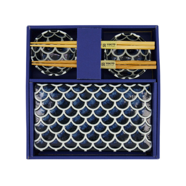 TDS, Sushi Set, Cobalt Blue Mermaid, w/Chopsticks, 6-piece set, 22x13x2cm & 8.5x3.4cm, Item No. 33755