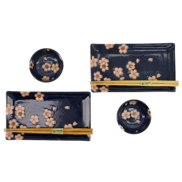 TDS, Sushi Set, Sakura, mit Chopsticks, 6-tlg., Navy, 22x13x2cm & 8,5x3,4cm, Art.-Nr. 33759