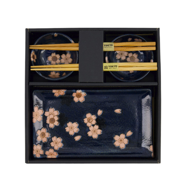 TDS, Sushi Set, Sakura, mit Chopsticks, 6-tlg., Navy, 22x13x2cm & 8,5x3,4cm, Art.-Nr. 33759