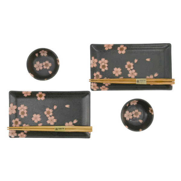 TDS, Sushi Set, Sakura, w/Chopsticks, Black, 6-piece set, 22x13x2cm & 8.5x3.4cm, Item No. 33760