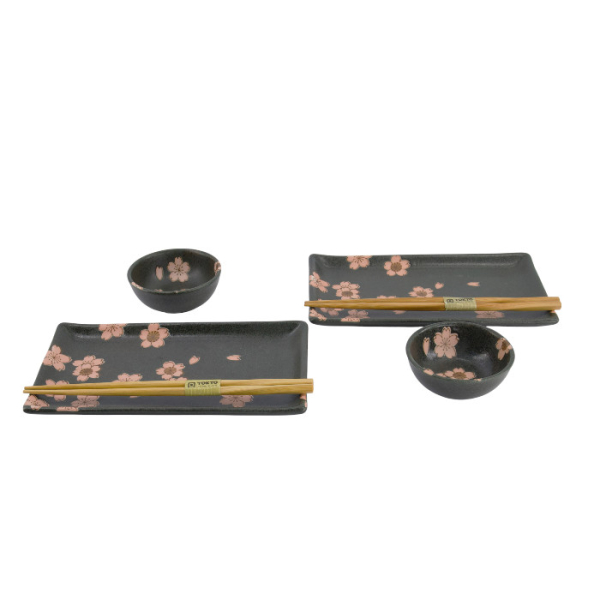 TDS, Sushi Set, Sakura, w/Chopsticks, Black, 6-piece set, 22x13x2cm & 8.5x3.4cm, Item No. 33760