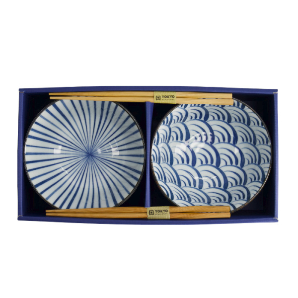 TDS, Tayo Bowl Giftset, Natsu,  2-piece set w/Chopsticks, Blue/White, Ø 15.5x7cm 500ml, Item No. 33780