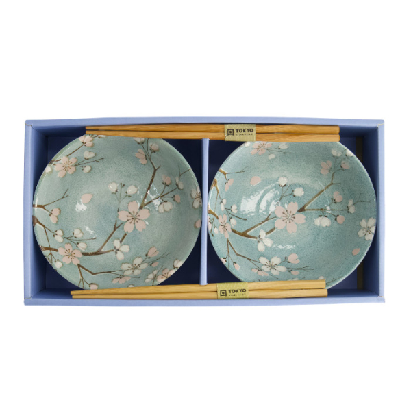TDS, Tayo Bowl Giftset with chopsticks, Fujisakura, Green, 2-piece set, Ø 15.5x7cm 500ml, Item No. 33783