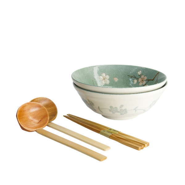 TDS, Ramen Bowl Giftset, Fujisakura, 6-piece set, Green, Ø 21x7.8cm 1000ml, Item No. 33785