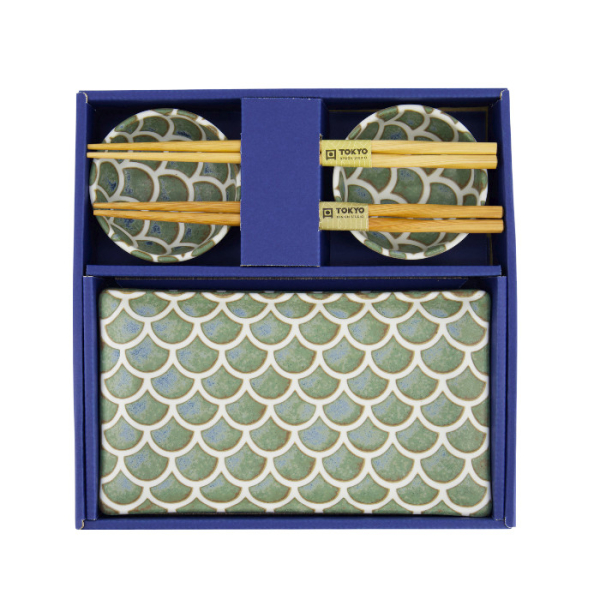 TDS, Sushi Set, Vert Sauge Mermaid, w/Chopsticks, 6-piece set, 22x13x2cm & 8.5x3.4cm, Item No. 33757