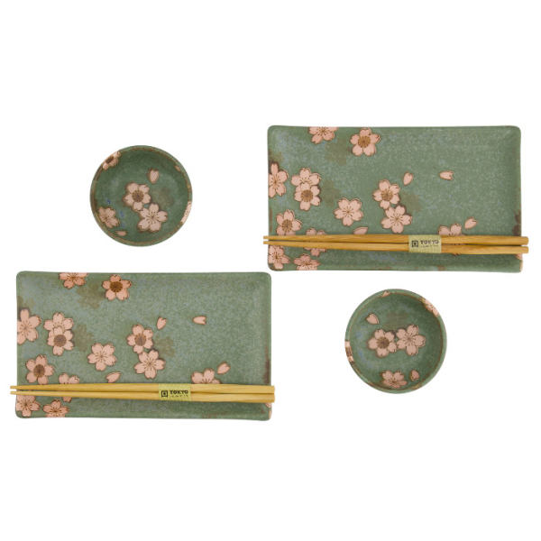 TDS, Sushi Set, Sakura, w/Chopsticks, Green, 6-piece set, 22x13x2cm & 8.5x3.4cm, Item No. 33761